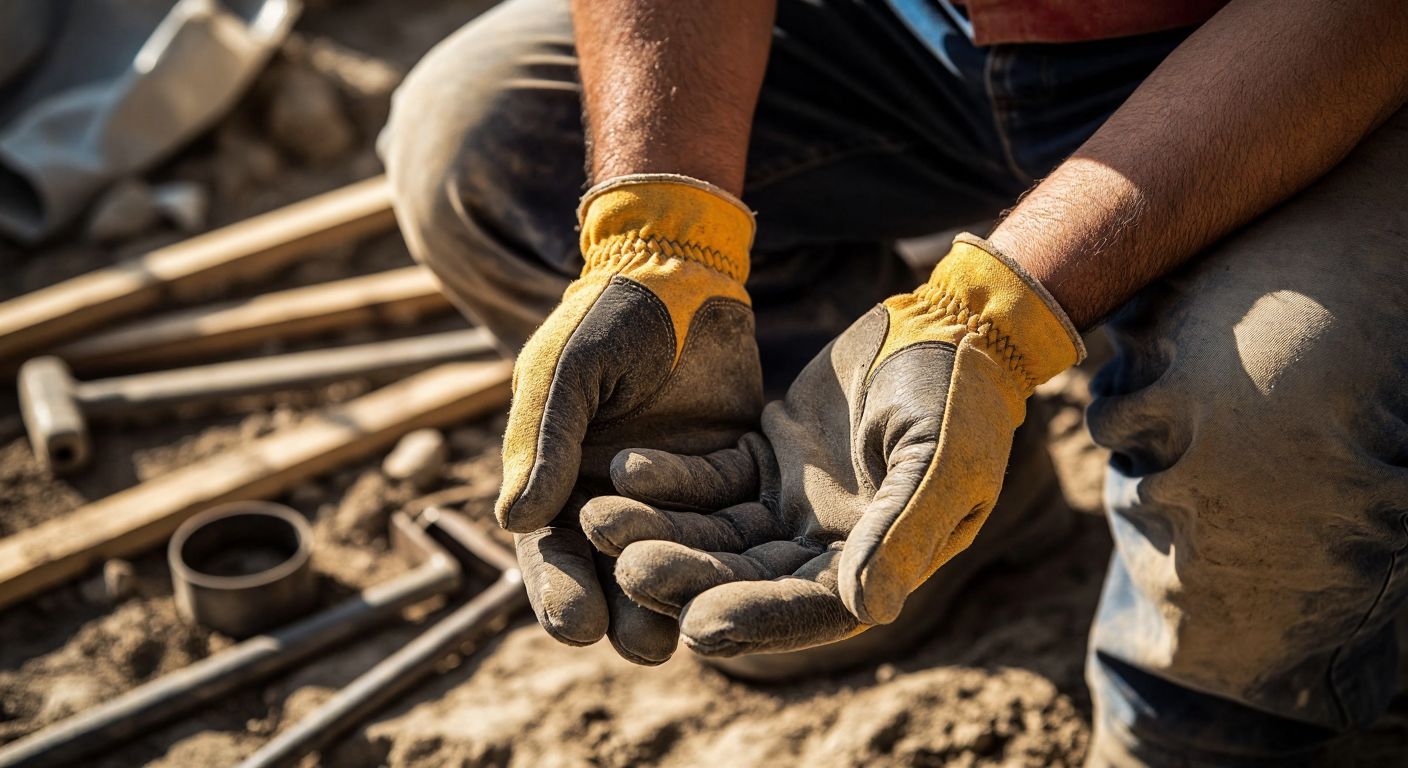 A Turkish worker with calloused hands carefully pulls on a sturdy leather work glove, adjusting it snugly over their fingers in a sunlit construction site with scattered tools.