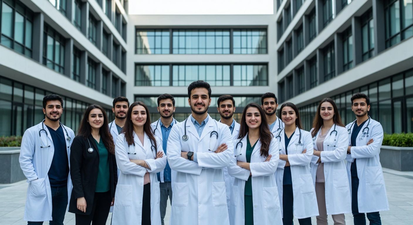 A diverse group of Turkish university students in white lab coats, stethoscopes, and coding attire stand confidently in front of a modern campus building, symbolizing Altınbaş University's prominent faculties like dentistry, medicine, and software engineering.