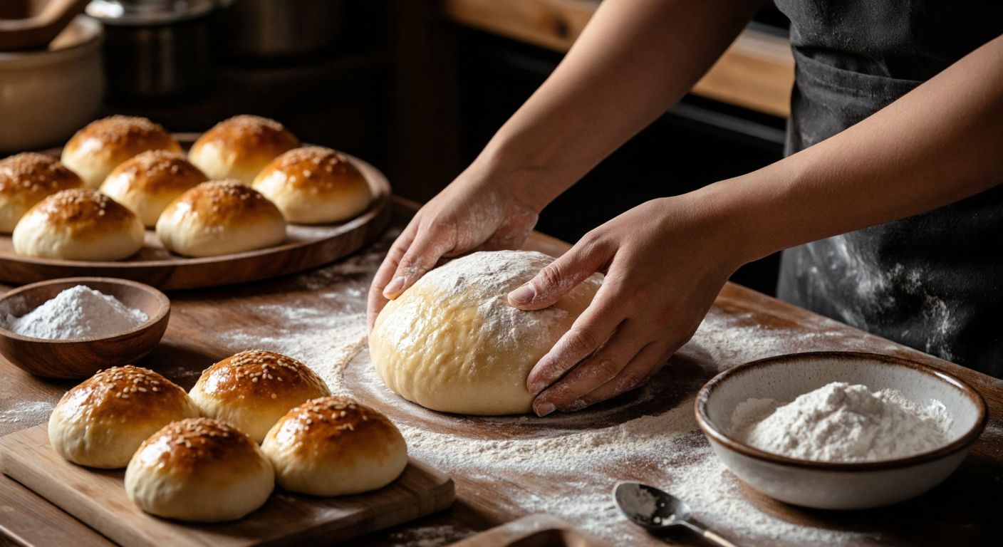 A warm Turkish kitchen with hands kneading soft poğaça dough on a flour-dusted wooden counter, a bowl of baking soda nearby, and golden pastries baking in the oven.
