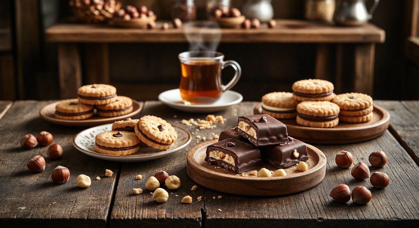A rustic wooden table in a cozy Turkish kitchen, topped with a steaming cup of tea and three plates of hazelnut biscuits—crunchy Ülker Hanımeller, delicate Torku with creamy filling, and a rich chocolate-studded variety—surrounded by scattered hazelnuts and golden crumbs.