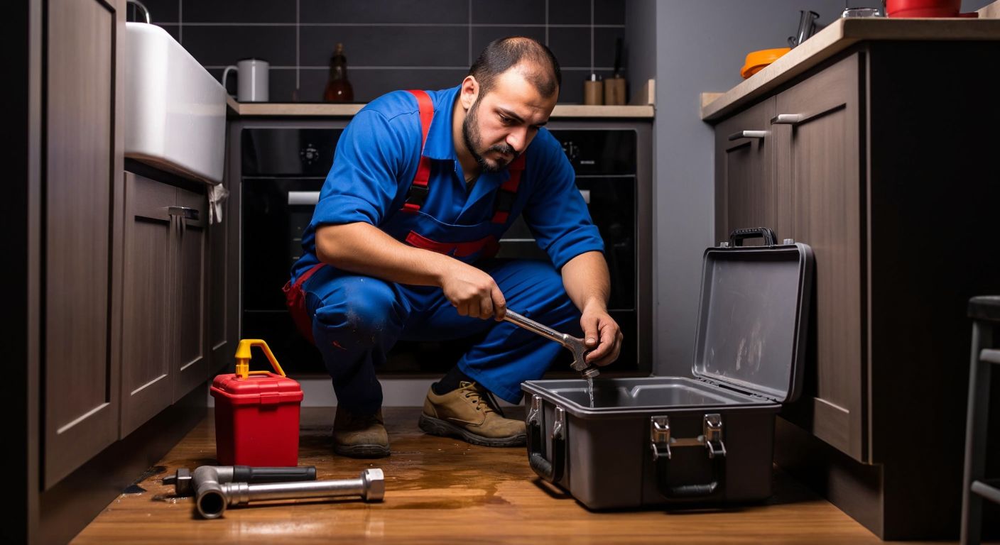 A Turkish plumber in a blue work uniform crouches under a kitchen sink, holding a wrench while fixing a leaking pipe, with a toolbox open beside him.