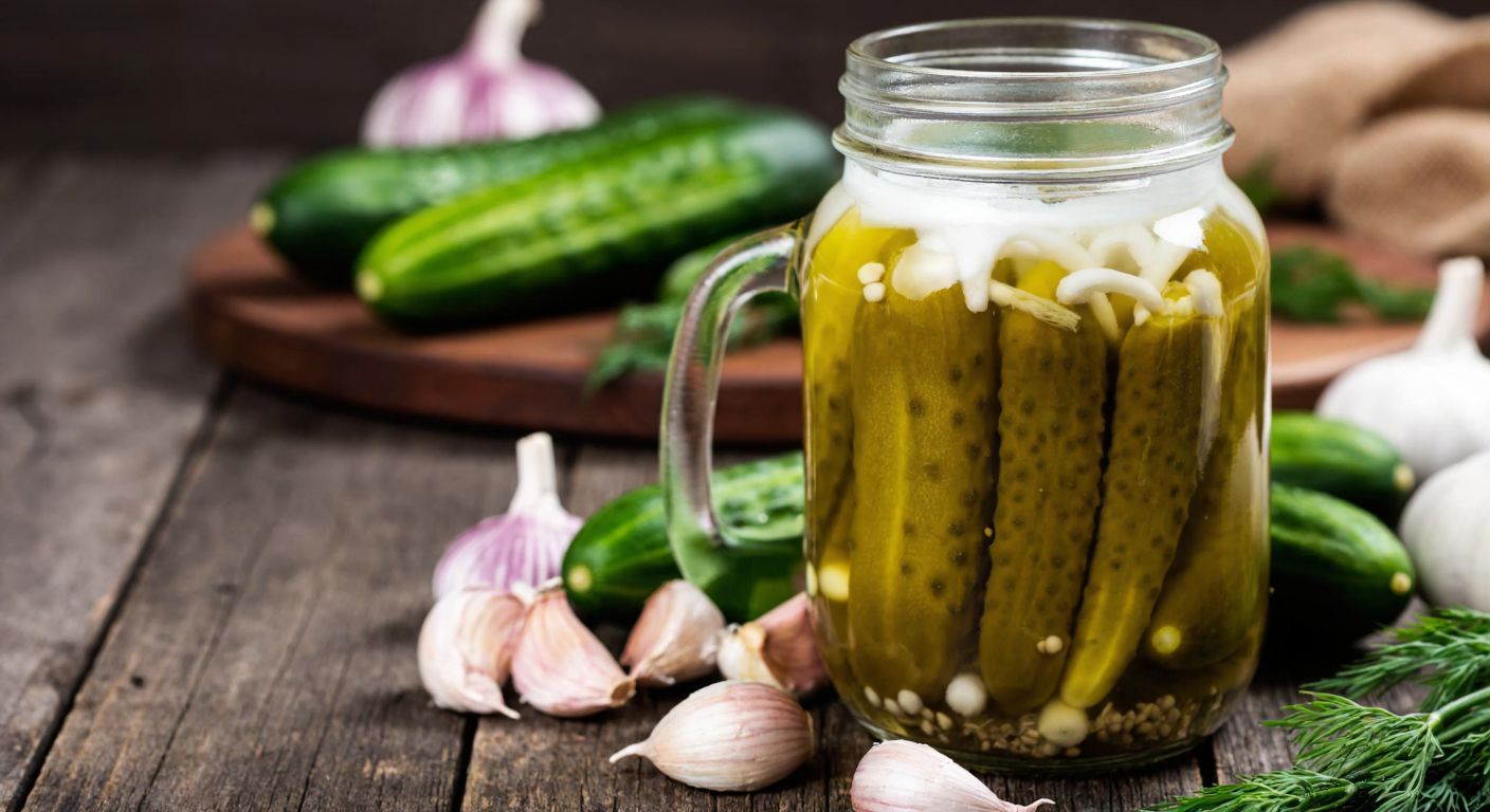 A glass jar of pickles with a cloudy white film floating on the surface, surrounded by scattered cucumbers, garlic, and dill on a rustic wooden table in a Turkish kitchen.