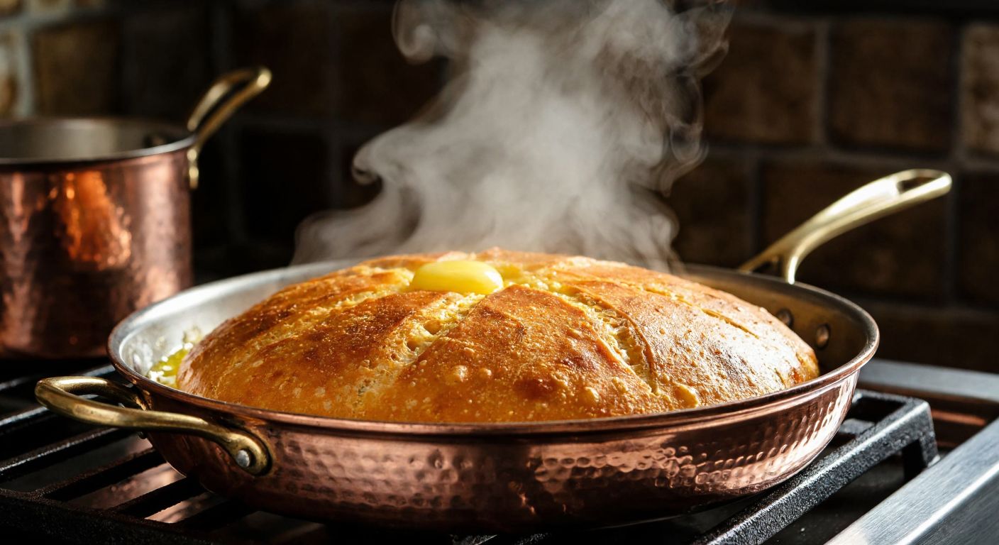 A golden-brown piece of Mısır ekmeği sizzling in melted butter in a traditional Turkish copper pan, with steam rising and a warm kitchen backdrop.