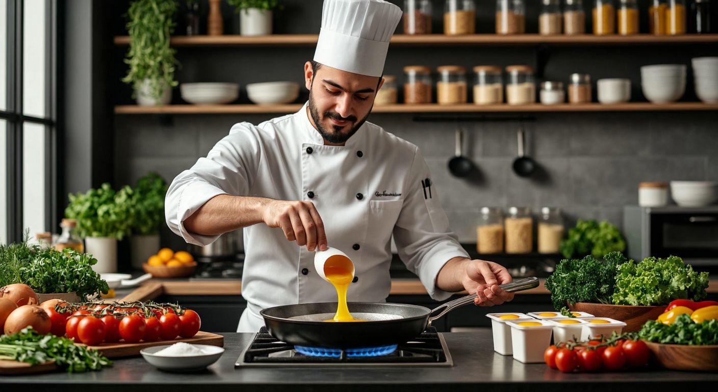A Turkish chef in a clean, modern kitchen confidently pours golden liquid egg from a sealed carton into a sizzling pan, surrounded by fresh ingredients and neatly stacked containers, emphasizing hygiene and convenience.