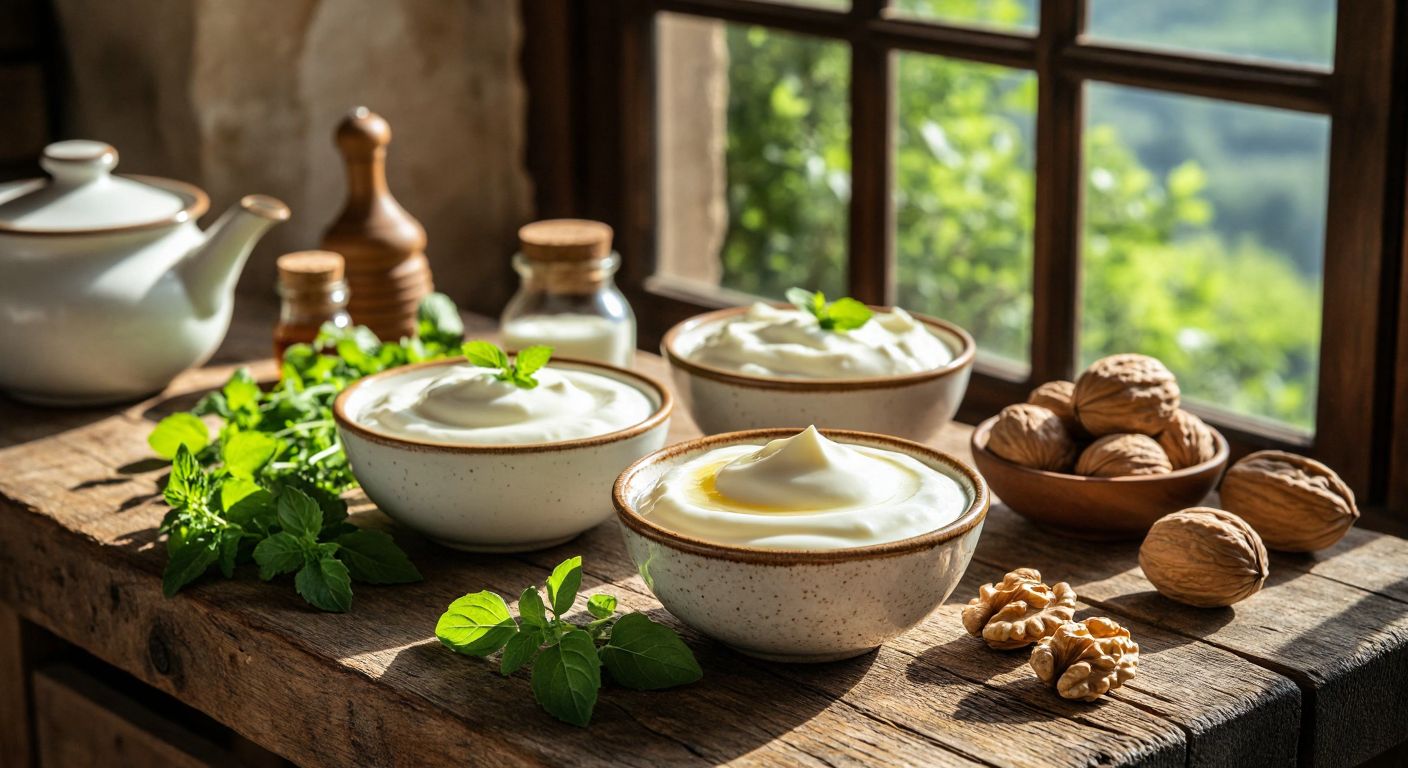 A rustic wooden table in a Turkish kitchen holds three bowls of yogurt—thick süzme, creamy tam yağlı, and rich Yunan—with fresh herbs, honey, and walnuts nearby, bathed in warm sunlight.