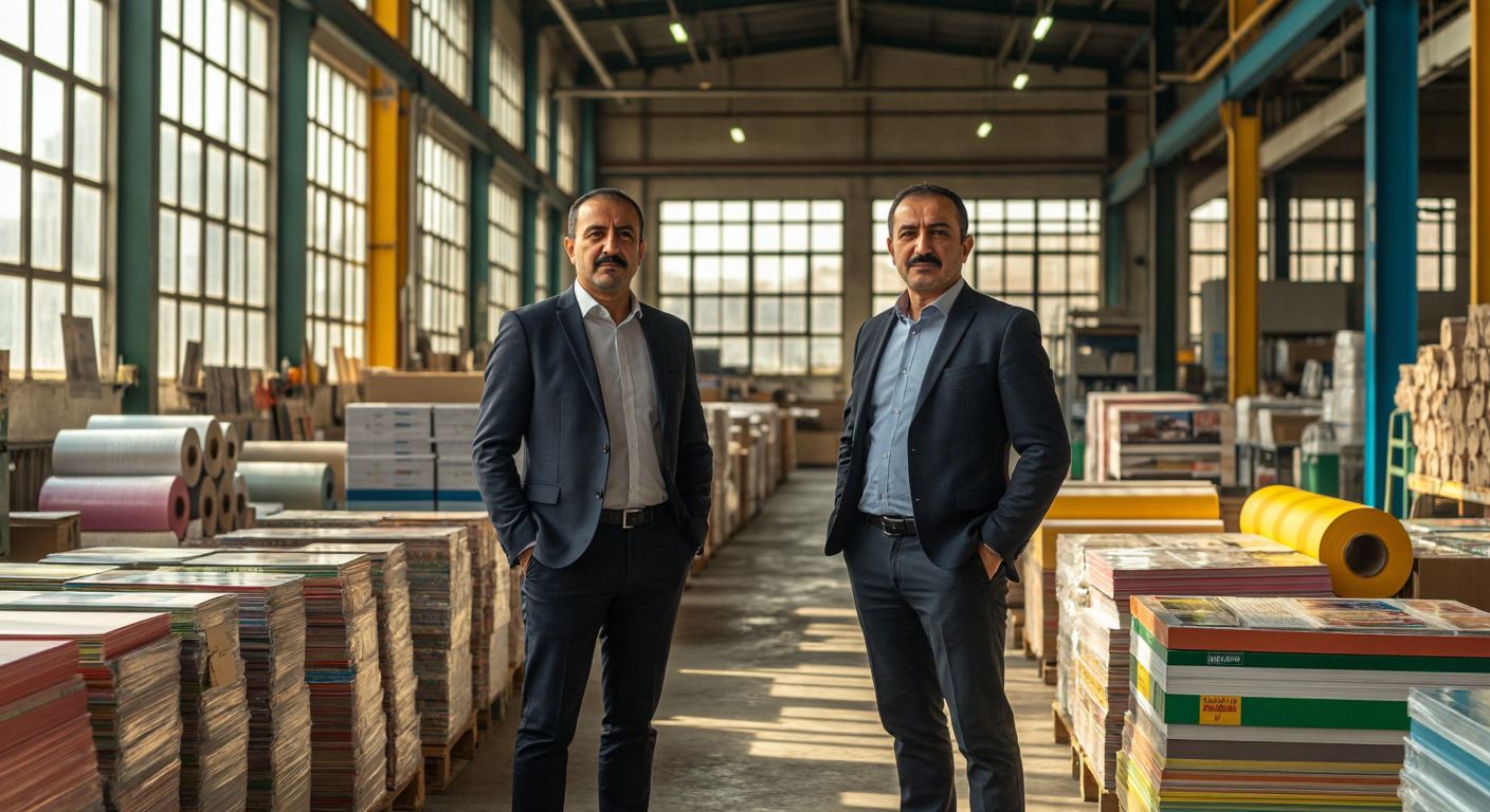 Two middle-aged Turkish men in business attire stand confidently in a bustling Istanbul print shop, surrounded by stacks of colorful paper rolls and freshly printed labels, with warm sunlight streaming through large factory windows.
