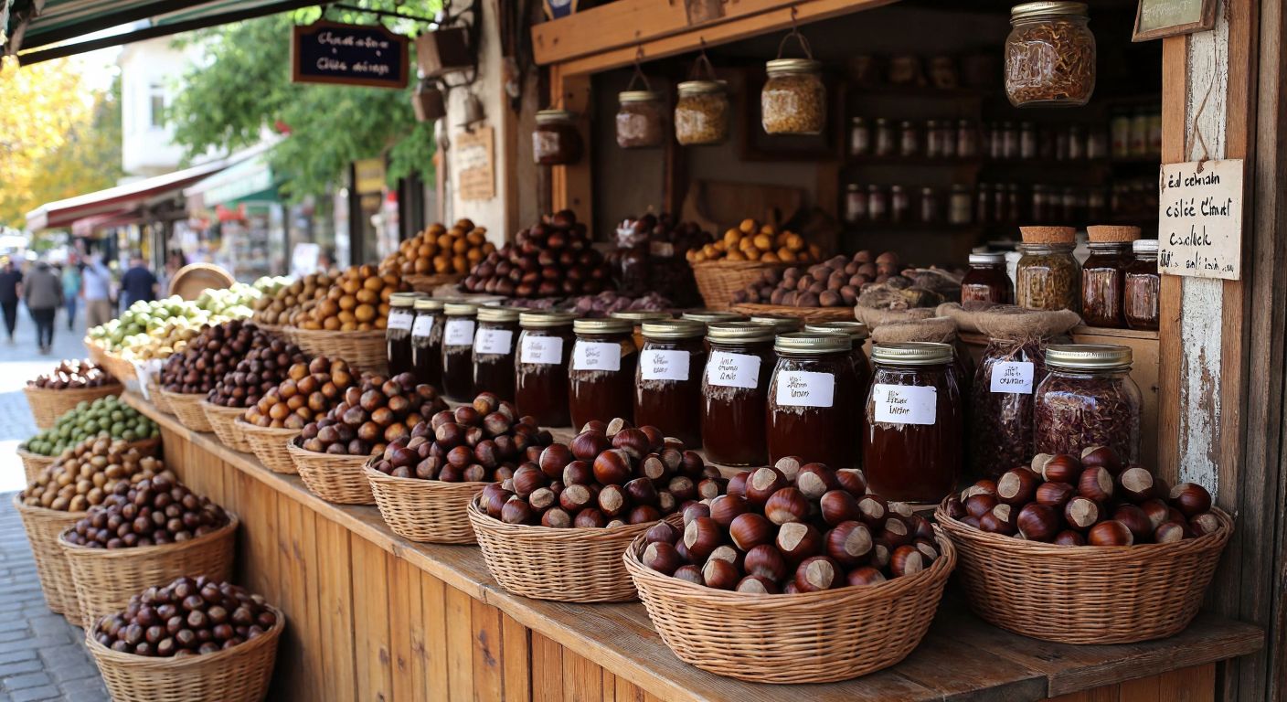 A warm, rustic Turkish market stall displays jars of chestnut syrup and herbal products, with fresh chestnuts and horse chestnuts spilling from woven baskets onto a wooden counter.