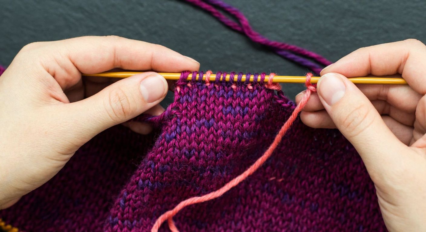 A pair of skilled hands holding knitting needles with colorful yarn, demonstrating a loop-closing technique on a half-finished knitted scarf in a cozy Turkish home setting.
