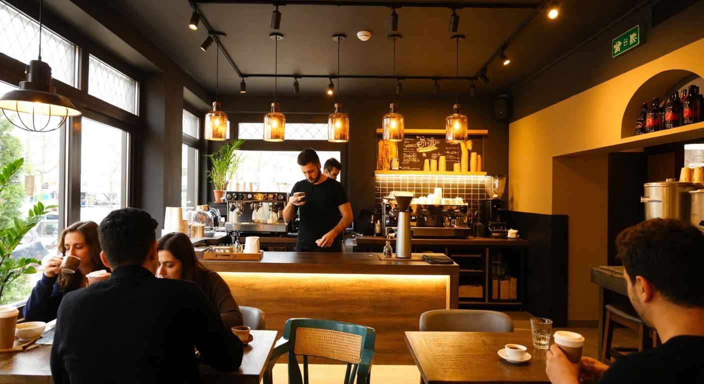 A cozy café in Merter with warm lighting, people sipping coffee from small cups, and a barista preparing espresso behind a counter, with no alcoholic beverages in sight.