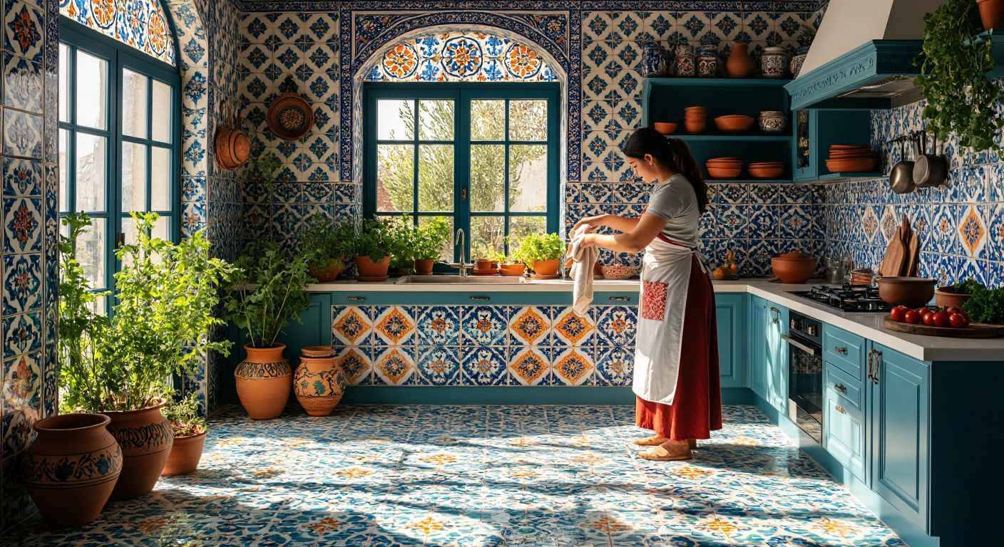 A vibrant Turkish kitchen with glossy, patterned ceramic tiles covering the walls and floor, reflecting sunlight while a woman in a traditional apron wipes a spotless surface with a cloth, surrounded by fresh herbs and colorful pottery.