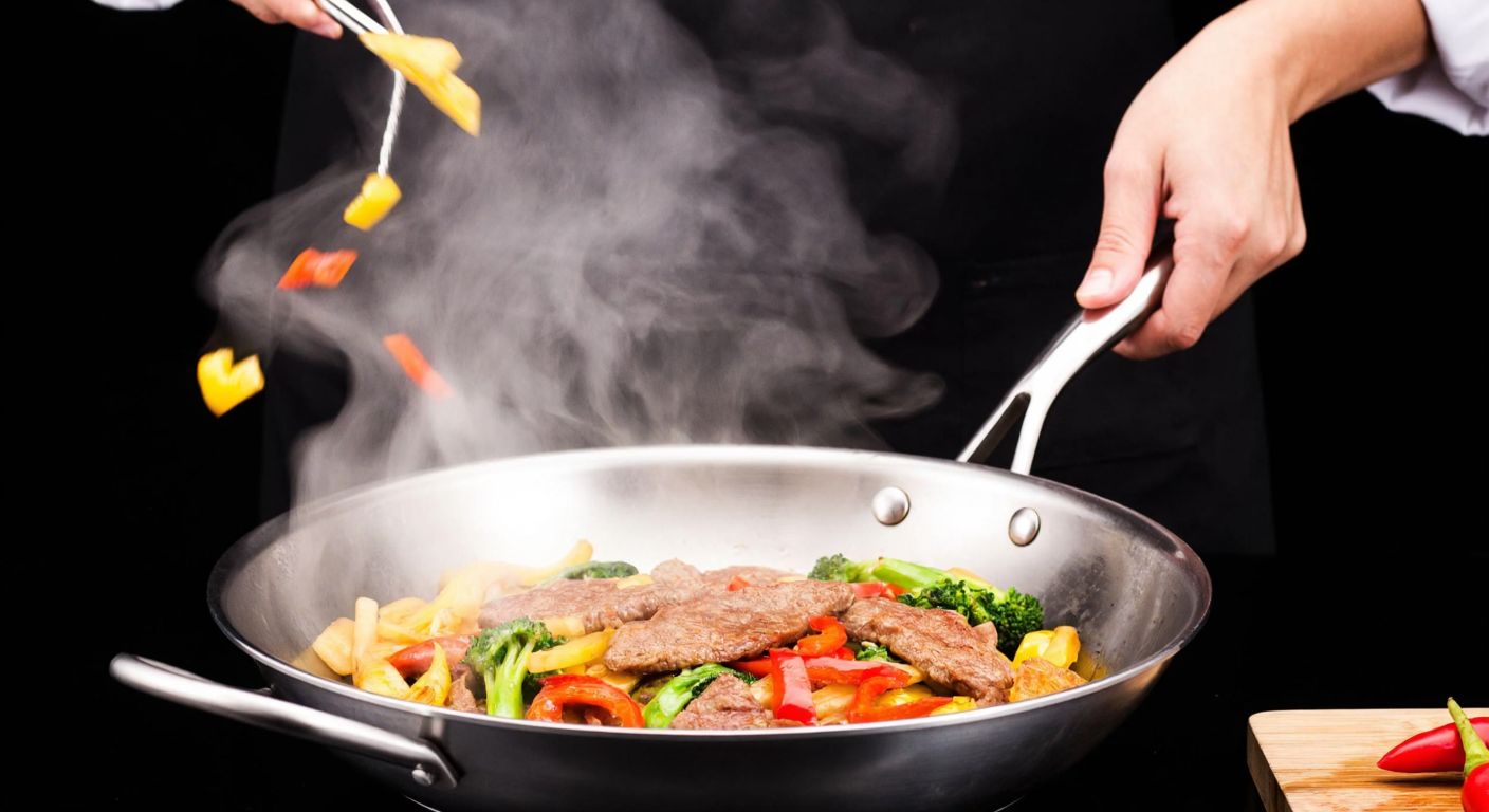 A stainless steel wok pan sizzling with stir-fried vegetables and meat over a high flame, with steam rising and a chef’s hand tossing the ingredients skillfully.