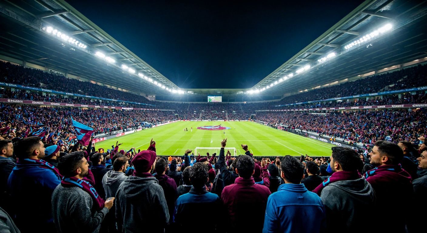 A bustling Turkish football stadium with fans in Trabzonspor's maroon and blue scarves, cheering under floodlights while a stock market ticker subtly blends into the background.