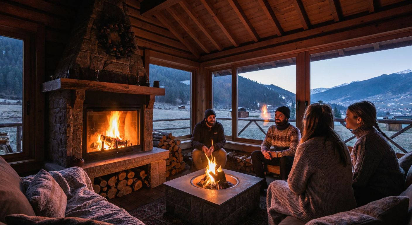 A cozy wooden mountain cabin in Turkey with a crackling stone fireplace, warm orange flames glowing, stacked firewood nearby, and a family in thick sweaters gathered around it, their faces lit by the firelight.
