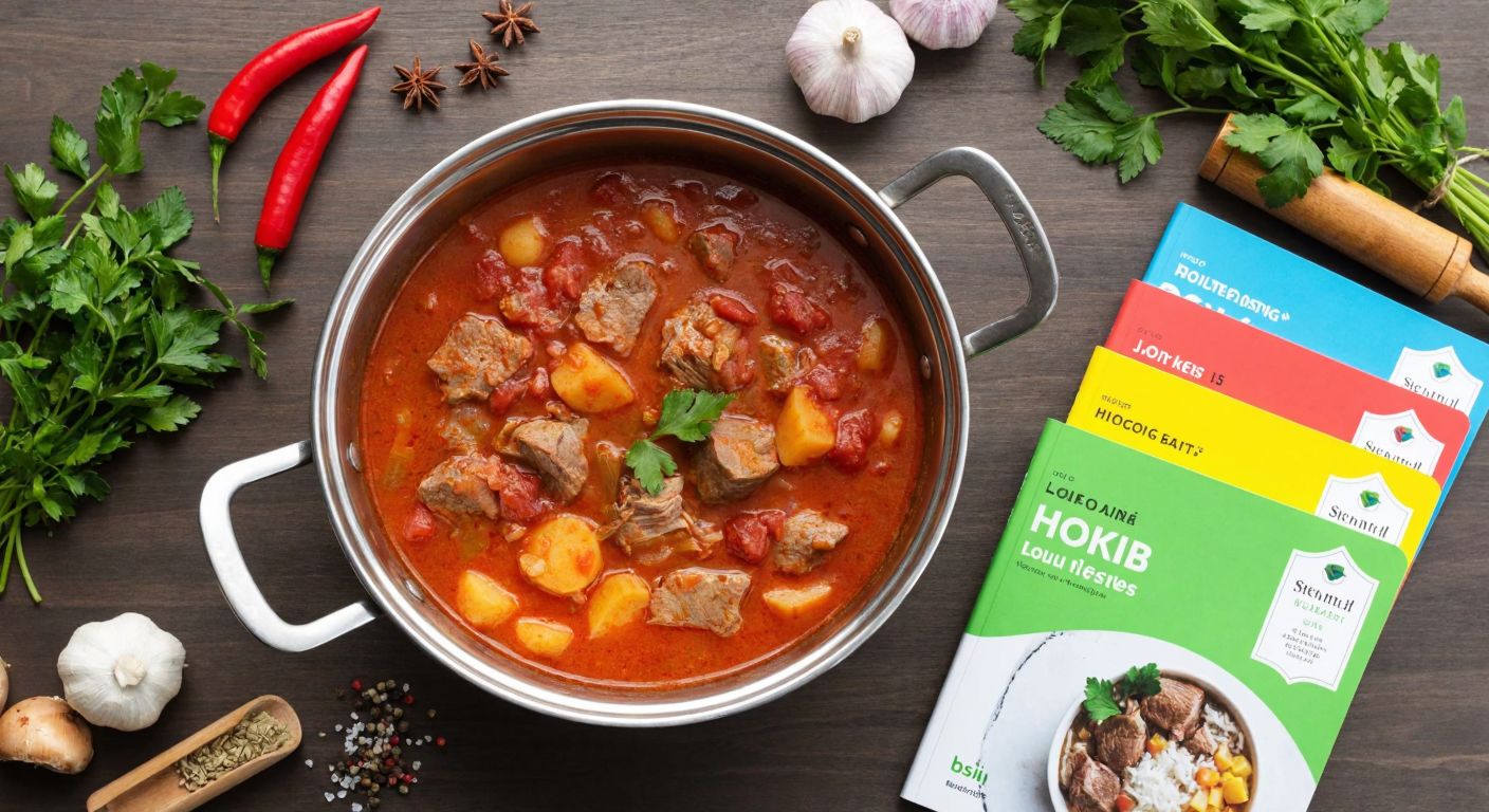 A steaming pot of traditional Turkish lamb stew sits on a wooden table surrounded by fresh herbs, spices, and a stack of fourteen colorful notebooks, each labeled with a different culinary theme.
