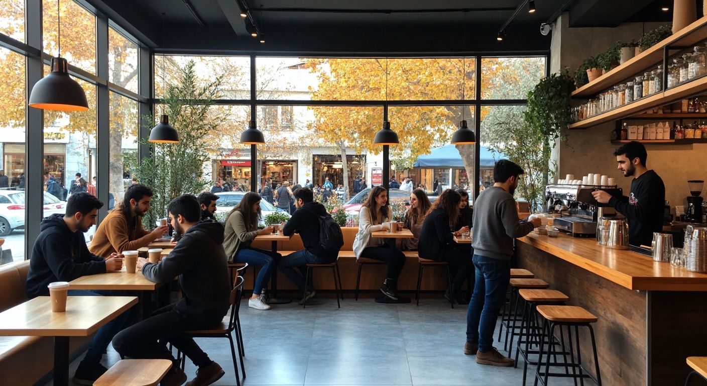 A bustling university café in Turkey with a mix of frustrated students receiving watery coffee from stern baristas and cheerful students enjoying quick service in a cozy study corner.