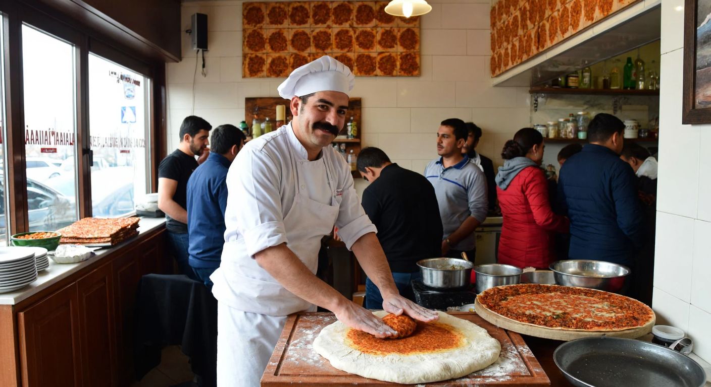 A warm, bustling lahmacun shop in Ağrı, with a proud, mustachioed chef in a white apron kneading dough while customers eagerly watch.