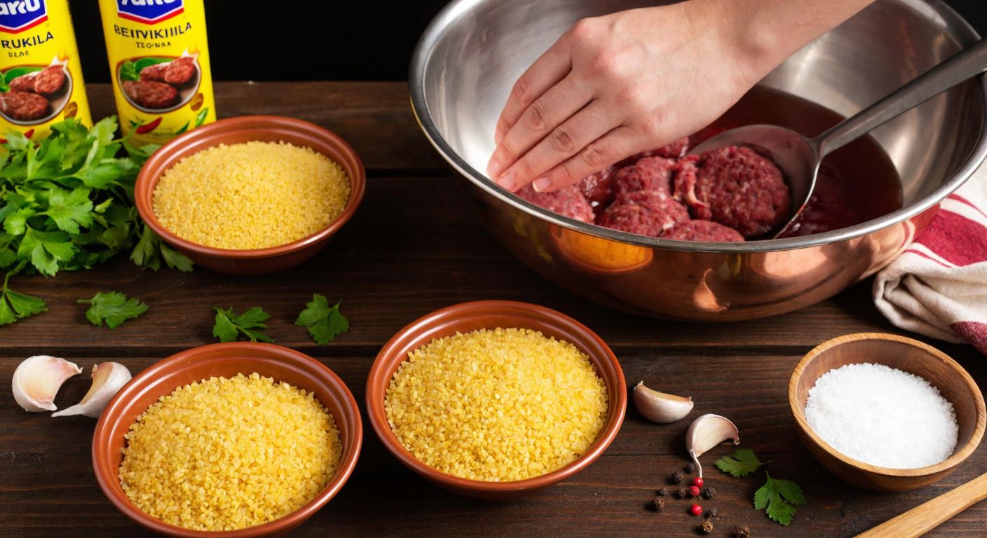 A rustic wooden table in a Turkish kitchen holds three small bowls of golden bulgur from Duru, Torku, and Yayla brands, with a hand kneading raw köfte in a large copper mixing bowl nearby, surrounded by fresh parsley and spices.