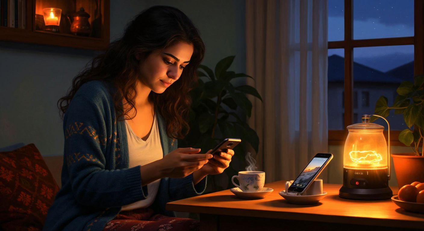 A Turkish woman in a cozy home setting confidently taps her smartphone screen while a glowing electric meter and a steaming cup of çay sit nearby.