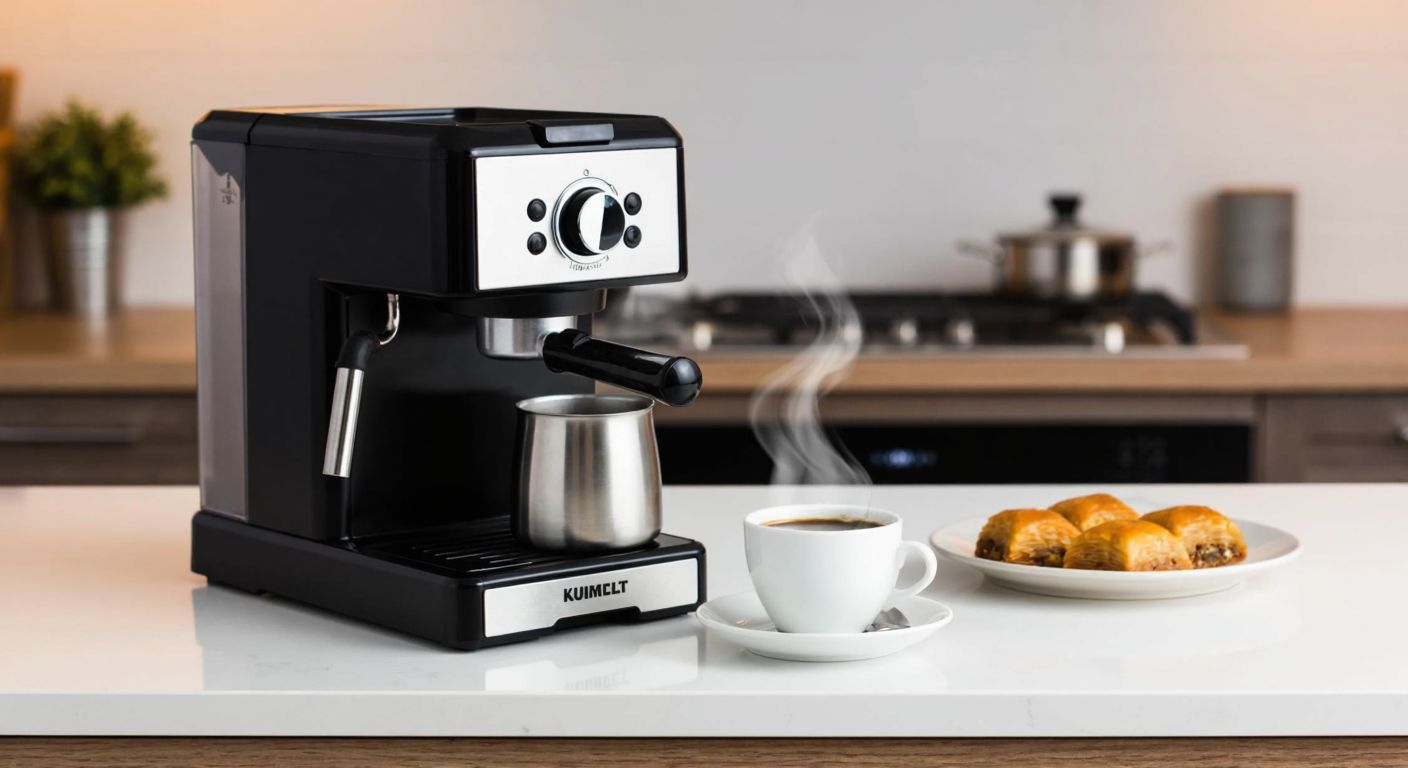 A sleek, modern Kumtel espresso machine sits on a Turkish kitchen counter, steam rising from a freshly brewed cup of rich, aromatic coffee beside a small plate of baklava.