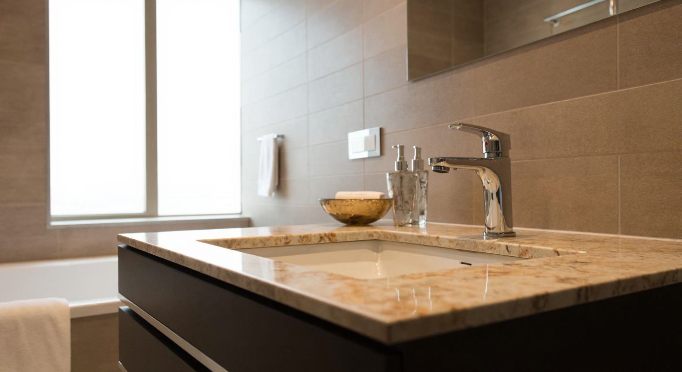 A well-lit modern Turkish bathroom with sleek VitrA ceramic tiles in earthy tones, featuring a polished marble countertop and a gleaming chrome faucet.