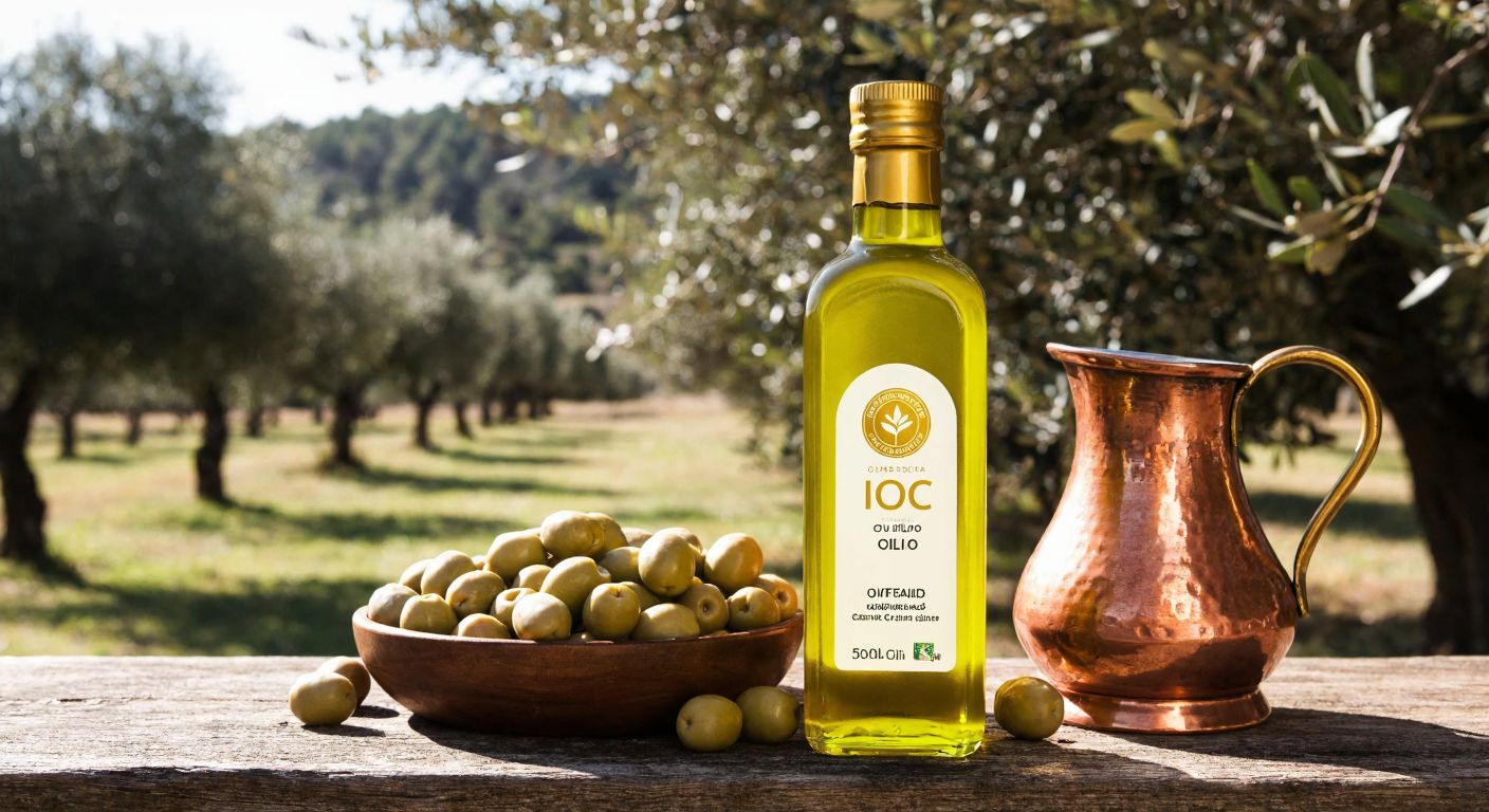 A golden olive oil bottle with a sleek **IOCC** certification label, placed on a rustic wooden table beside a bowl of fresh green olives and a traditional Turkish copper pitcher, with sunlight filtering through an orchard of ancient olive trees in the background.