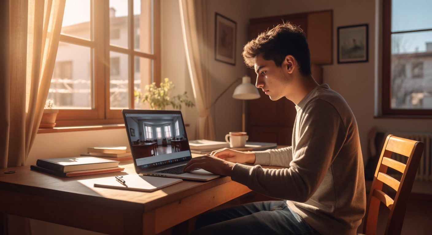 A young Turkish student sits at a wooden desk in a sunlit room, attentively watching a laptop screen displaying a virtual classroom, with a notebook and pen ready nearby.