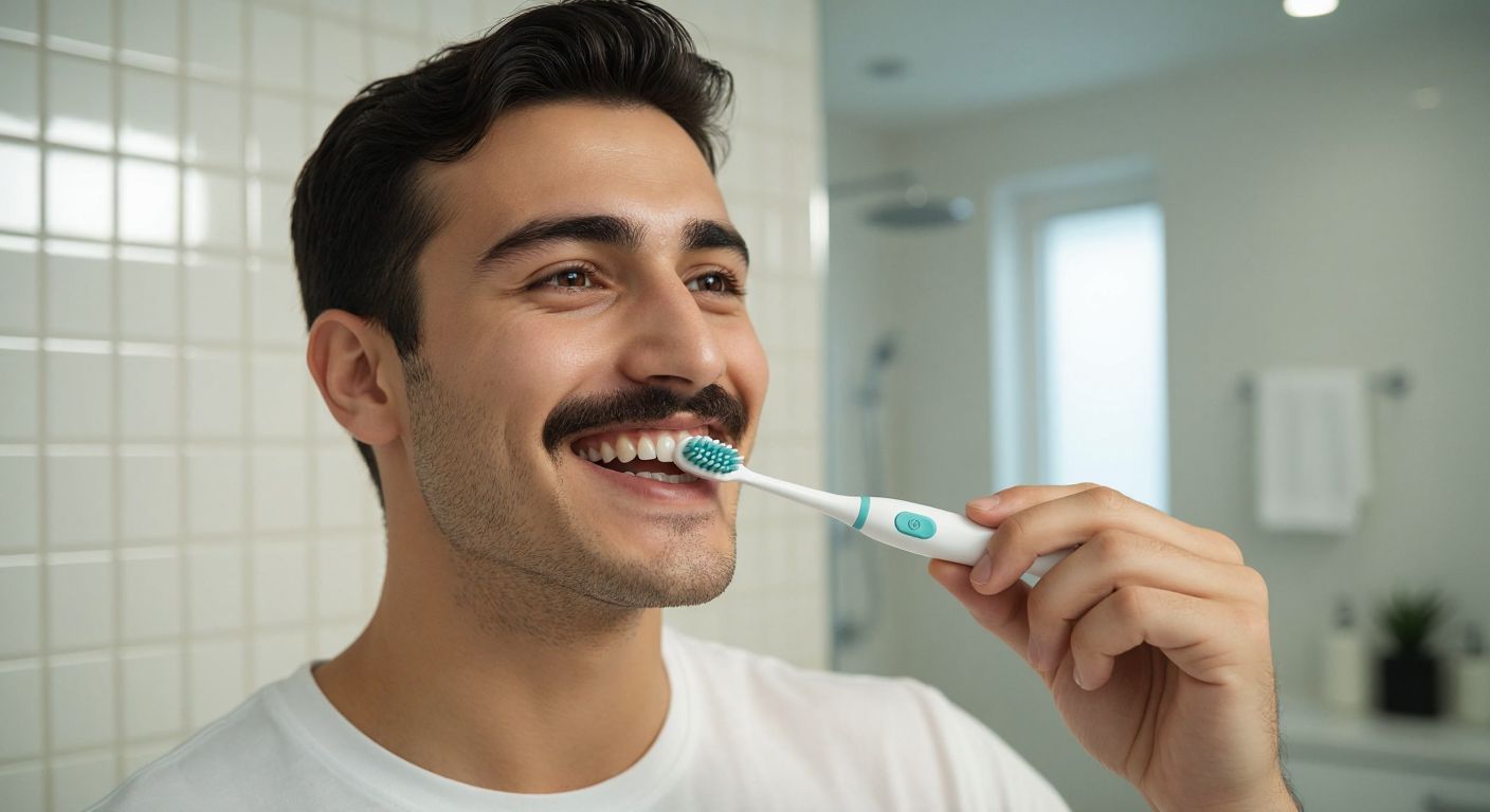 A smiling Turkish person with a neatly trimmed mustache stands in a bright, tiled bathroom, gently guiding a buzzing electric toothbrush at a 45-degree angle over their teeth, with a small pea-sized blob of toothpaste on the brush head.
