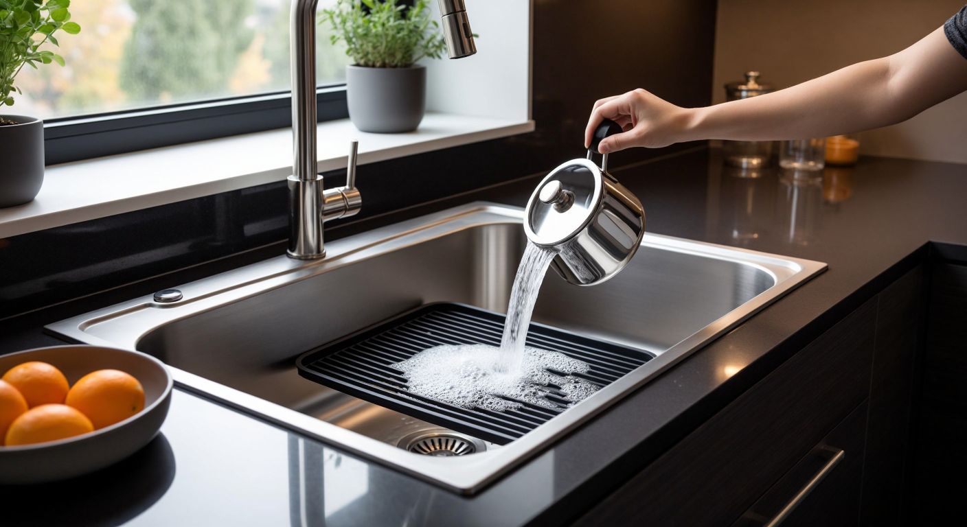 A modern Turkish kitchen with a sleek composite sink showing faint scratches, a rubber mat placed inside to protect it, and a heavy pot being gently washed with a soft sponge.