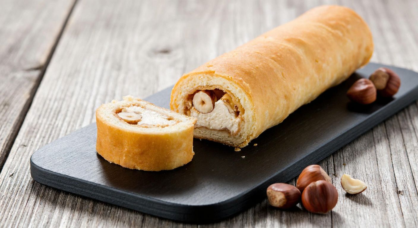 A golden-brown rolled wafer pastry, sliced open to reveal a creamy hazelnut filling, placed on a rustic wooden table with a few hazelnuts scattered beside it.