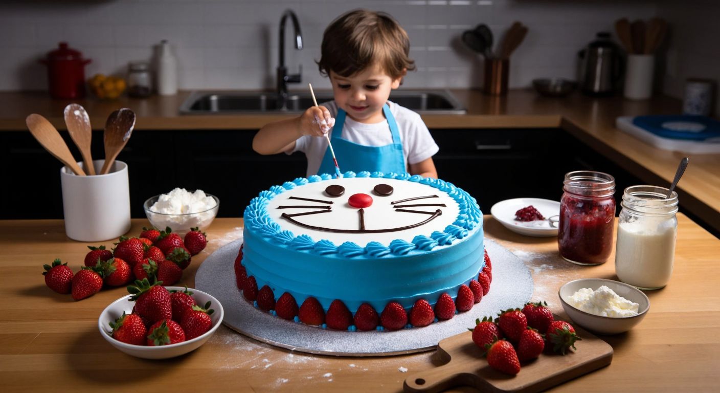 A round, blue-and-white frosted cake shaped like Doraemon’s face sits on a kitchen counter in Turkey, surrounded by scattered ingredients like strawberries, whipped cream, and jars of jam, with a smiling child in an apron carefully decorating it using a toothpick.