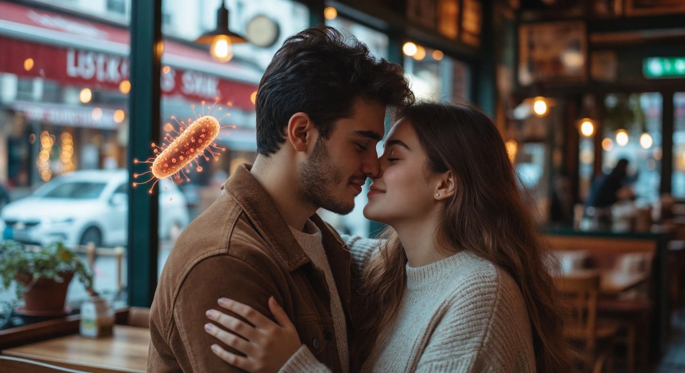 A young couple in a warm embrace, their lips gently touching, with faint glowing particles symbolizing exchanged microorganisms floating between them, set against a softly blurred background of a cozy Turkish café.