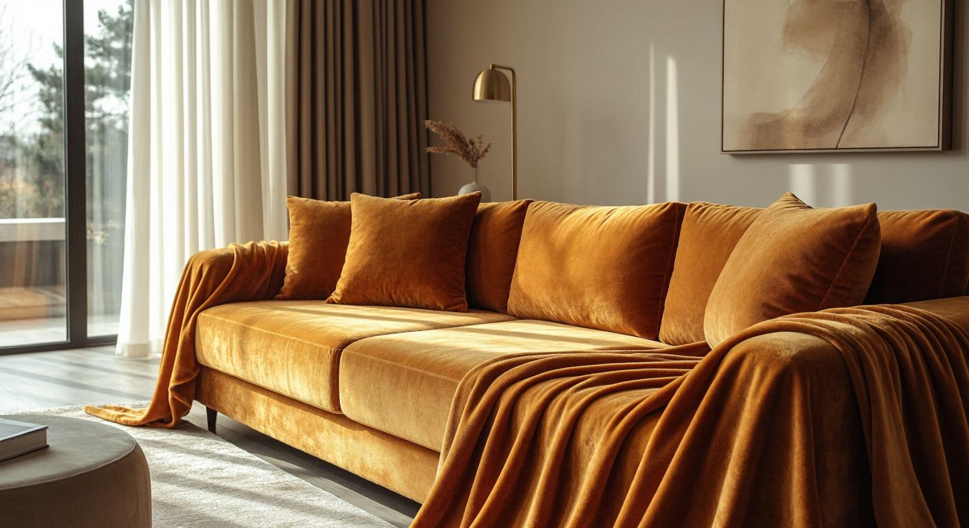 A plush velvet sofa cover draped over a modern couch in a cozy Turkish living room, with sunlight streaming through sheer curtains, highlighting its soft texture and elegant sheen while a hand gently brushes away dust.