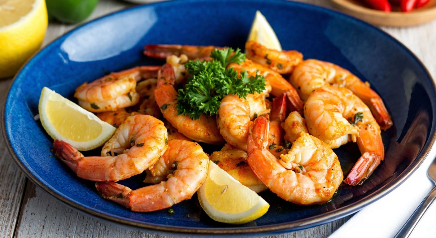 A vibrant plate of golden, garlic-butter scampi made with fresh shrimp, garnished with lemon wedges and parsley, set against a rustic wooden table in a cozy Turkish seaside restaurant.