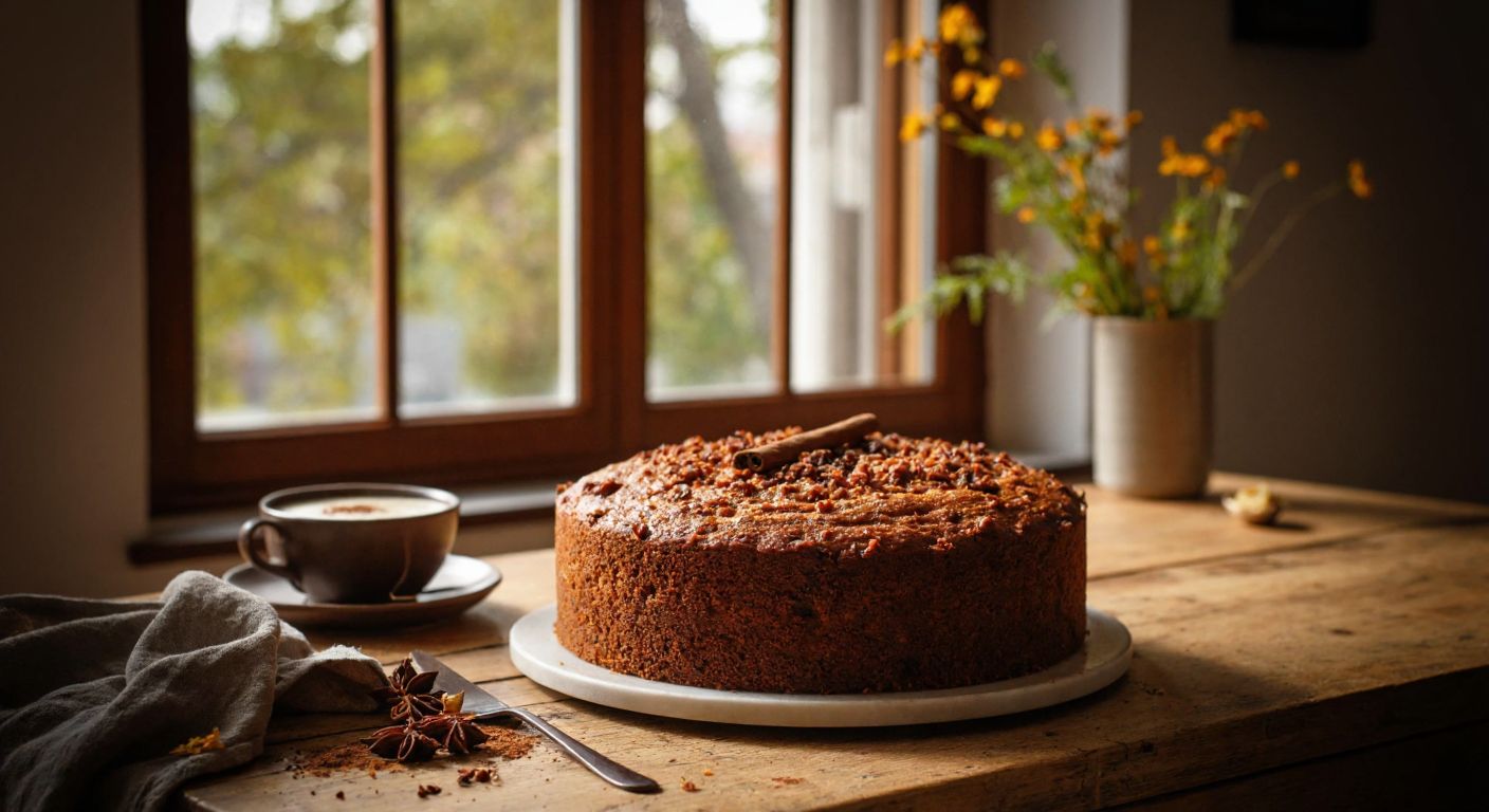 A warm, golden-brown carrot-cinnamon cake sits on a rustic wooden table in a cozy Istanbul apartment, with a soft glow from a nearby window highlighting its moist texture and scattered cinnamon dust.