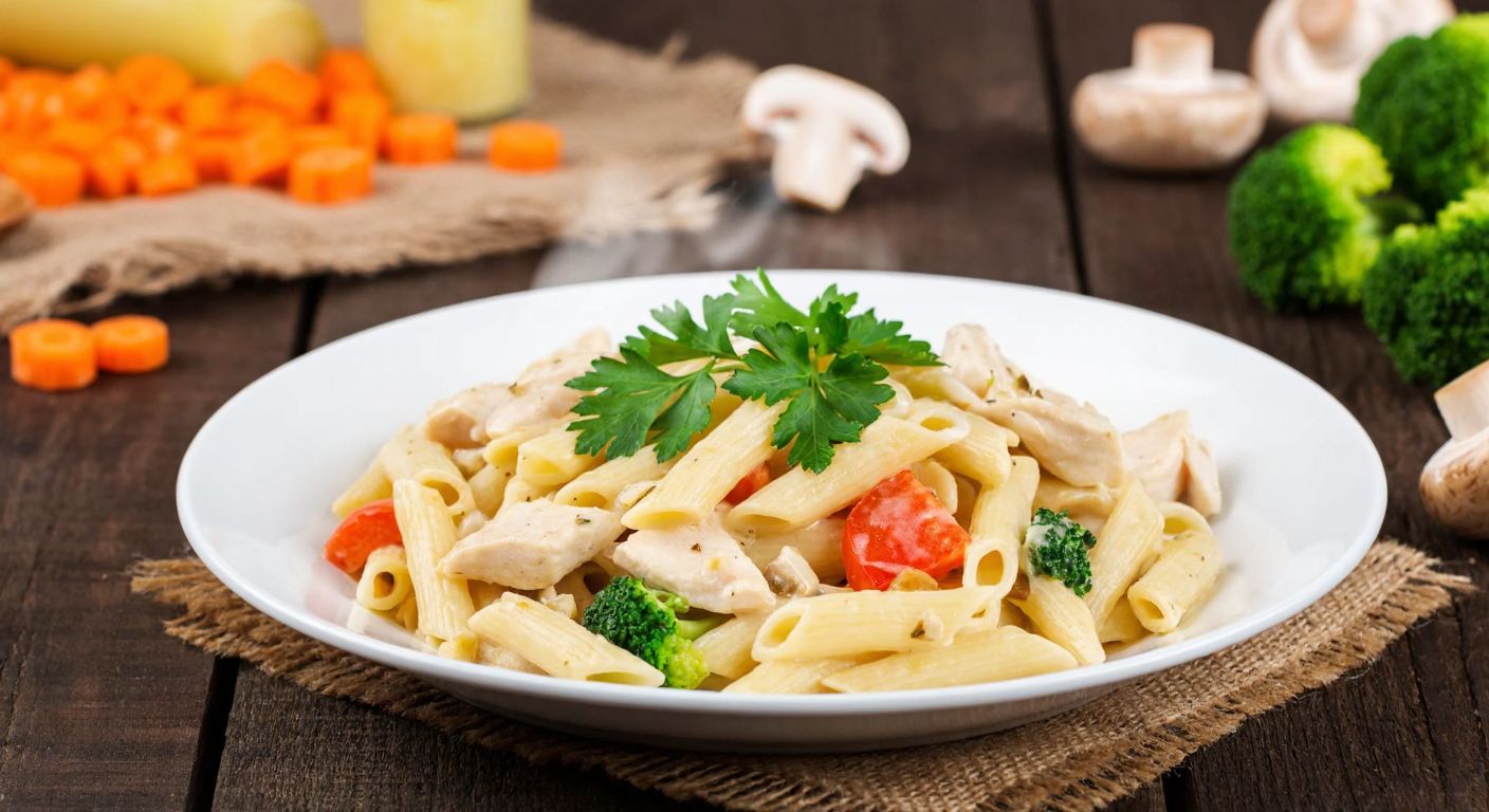 A steaming plate of creamy chicken and vegetable pasta, garnished with fresh parsley, sits on a rustic wooden table in a Turkish kitchen, surrounded by colorful ingredients like diced carrots, broccoli, and mushrooms.