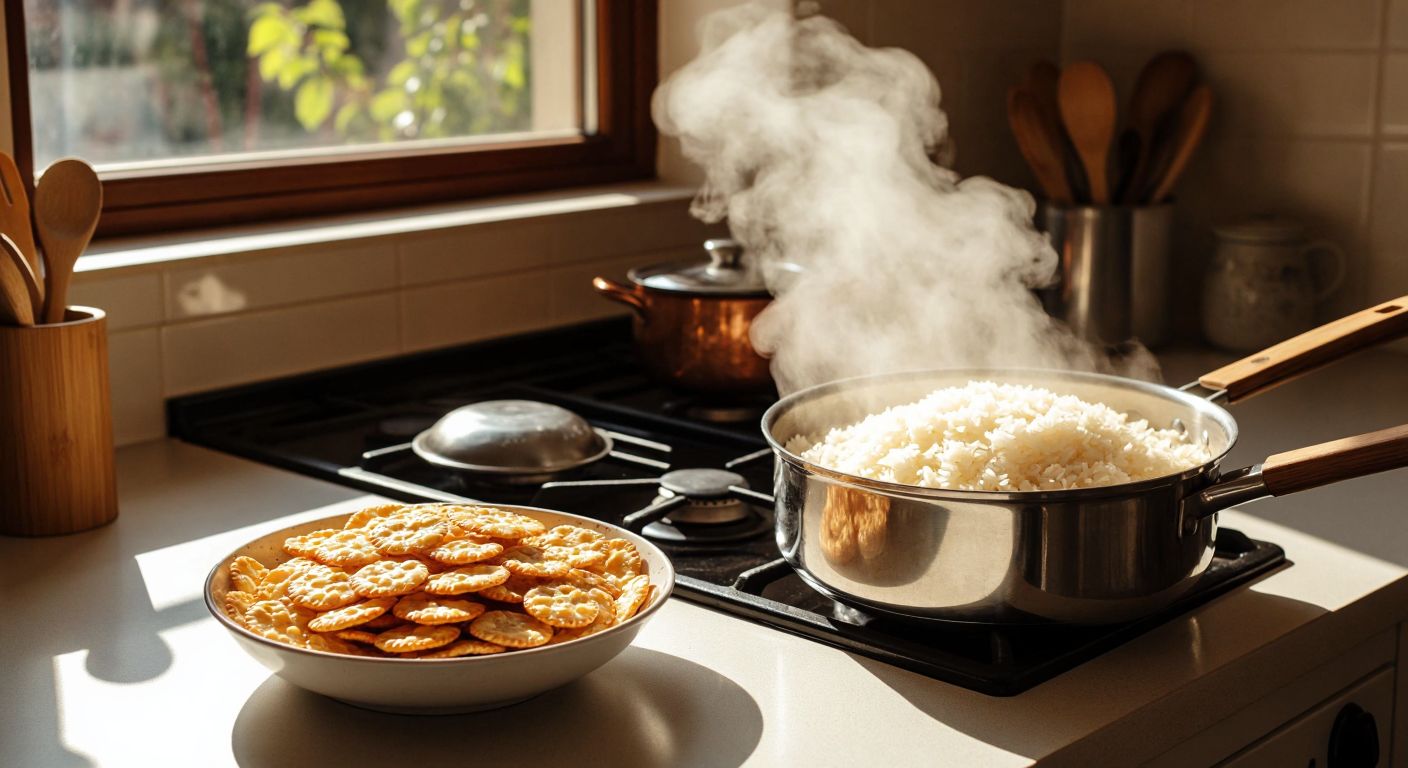 A Turkish kitchen scene with a steaming pot of boiling rice on a stove, a wooden spoon resting beside it, and a bowl of freshly puffed rice crackers glistening with oil on a sunlit counter.