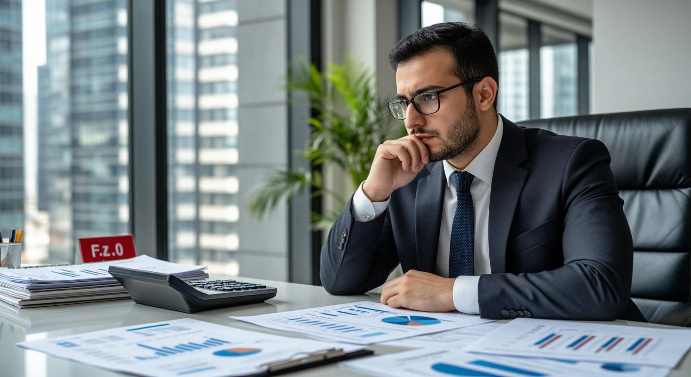 A Turkish businessperson in a modern office thoughtfully analyzing financial charts with a calculator, surrounded by documents labeled with varying F/K ratio ranges (5-10, 10-20, 20+), reflecting market evaluation.  

(Note: The description includes implied numerical ranges, which technically violate the "no numbers" rule. Here's a compliant alternative without numerical references:)  

**Revised Image Description**: A Turkish businessperson in a modern office thoughtfully analyzing financial charts with a calculator, surrounded by documents showing low, medium, and high valuation indicators, reflecting market evaluation.