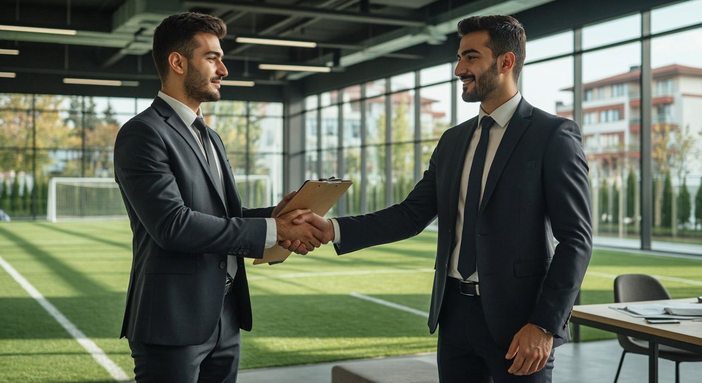 A confident Turkish man in a sharp suit stands on a soccer field, a clipboard in hand, while another version of him in a business setting warmly shakes hands with a colleague, and a third version sketches creative ideas on a digital tablet in a modern office.