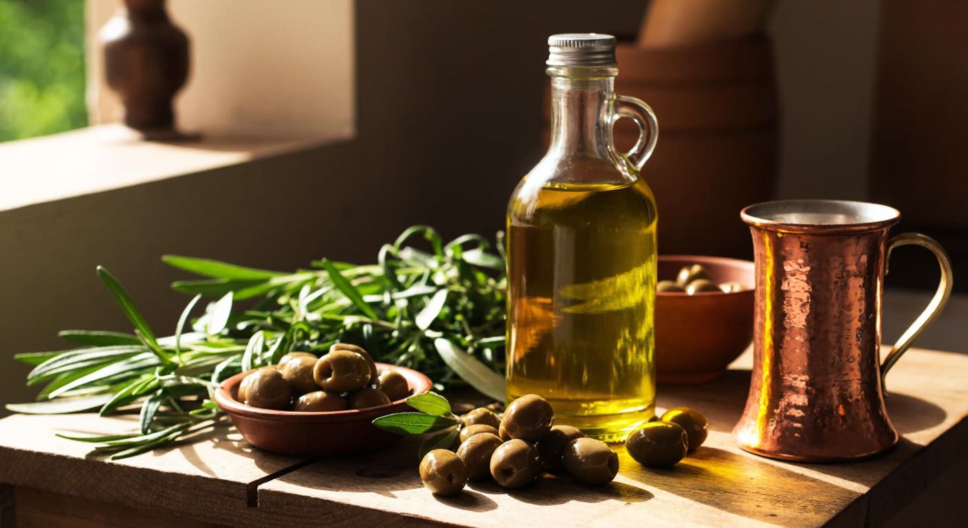 A rustic wooden table in a Turkish kitchen holds a glass bottle of golden olive oil, a small bowl of olives, and a traditional copper cup with water for testing, surrounded by fresh herbs and a warm, sunlit ambiance.