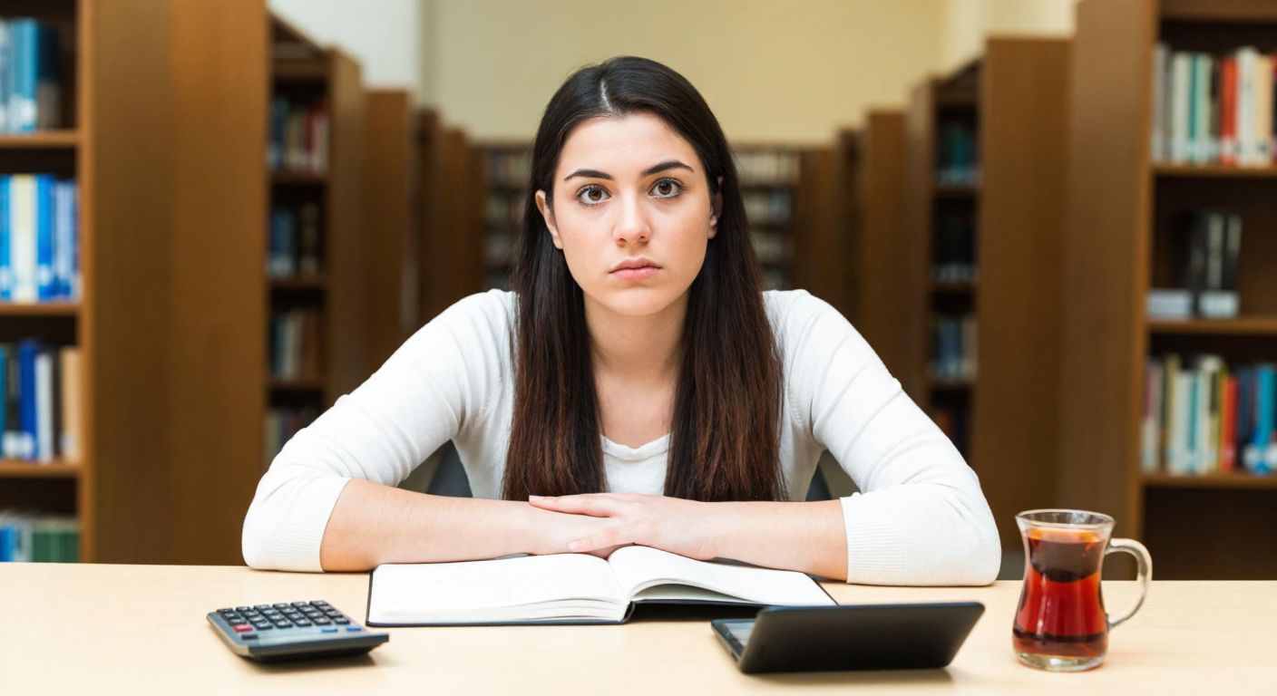A young Turkish student in a university library, looking anxious while holding a notebook, with a calculator and a cup of Turkish tea on the table beside them.