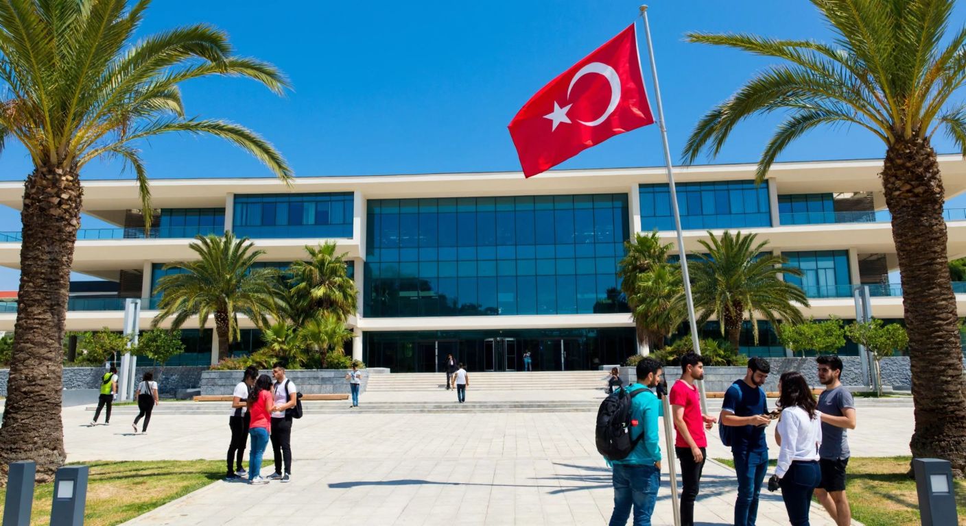A modern university campus in Izmir with a Turkish flag waving proudly, surrounded by students chatting under the shade of palm trees.