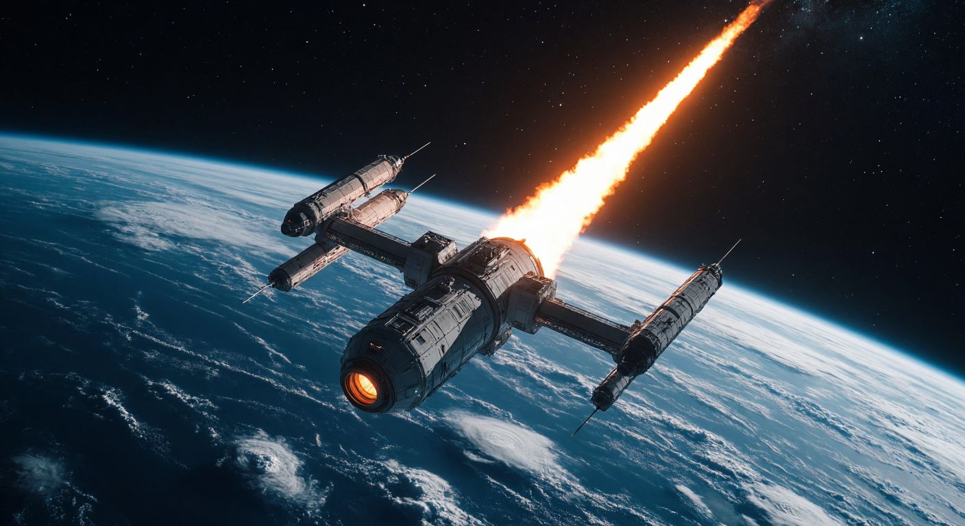 A futuristic space station orbits Earth with a fiery trail as it begins its controlled descent into the ocean, while astronauts inside work solemnly in zero gravity.
