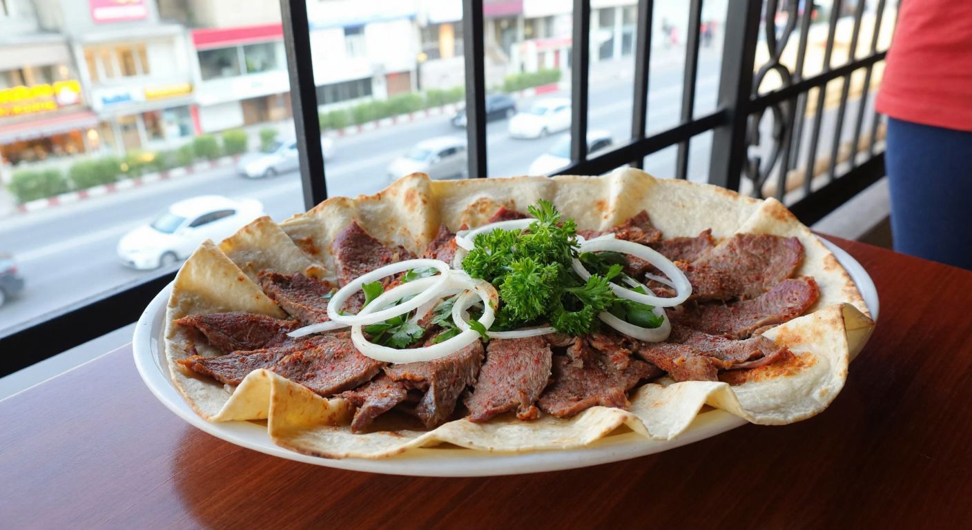 A steaming plate of thinly sliced, spiced meat wrapped in warm lavash bread, garnished with fresh parsley and onions, served on a rustic wooden table with a view of Mersin's bustling streets in the background.