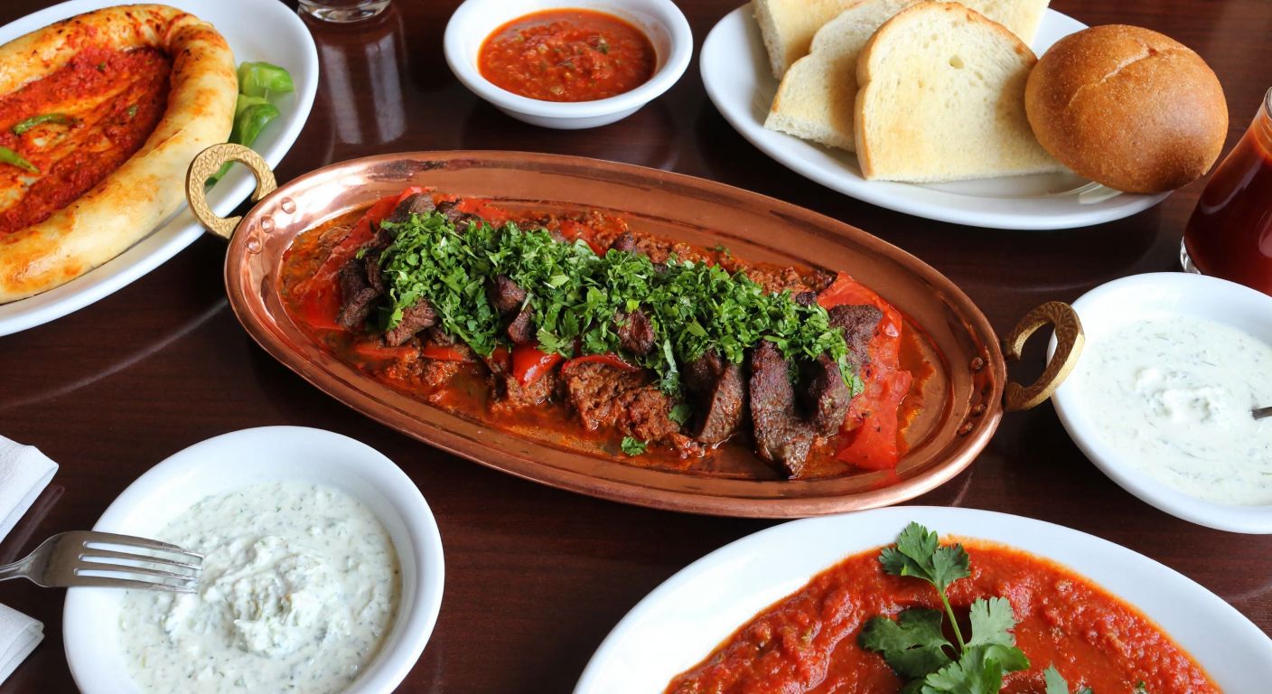 A vibrant Turkish dining table set with a sizzling İskender kebab on a gleaming copper kayık-shaped plate, surrounded by fresh bread, yogurt, and tomato sauce, evoking warmth and tradition.