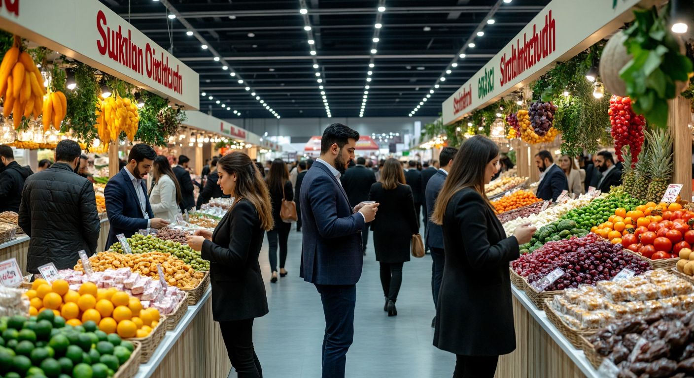 A bustling Istanbul expo hall filled with diverse professionals in business attire sampling Turkish delights, fresh produce, and packaged foods from colorful stalls under bright lights.