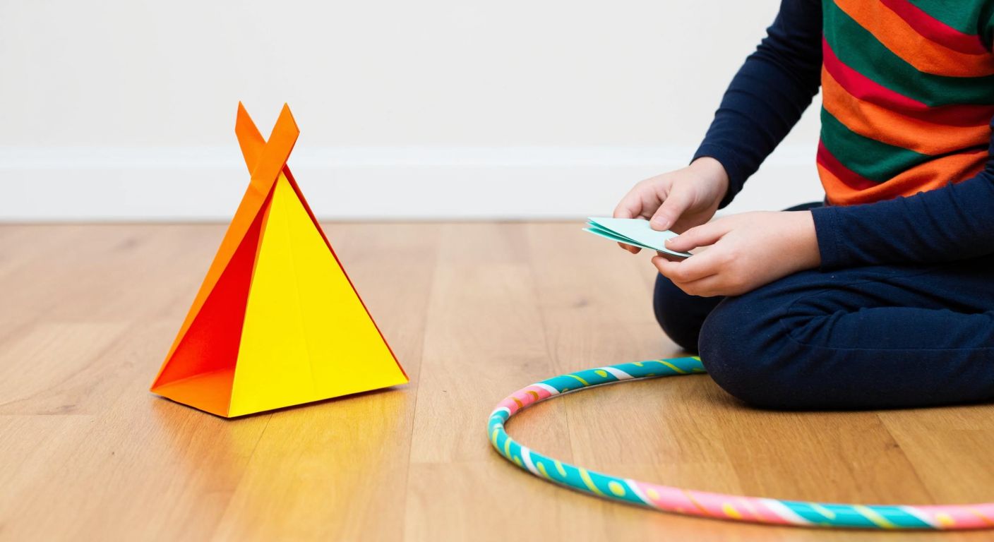 A child’s hands carefully folding colorful origami paper into a small tent shape, with a hula hoop wrapped in bright fabric resting nearby on a wooden floor.