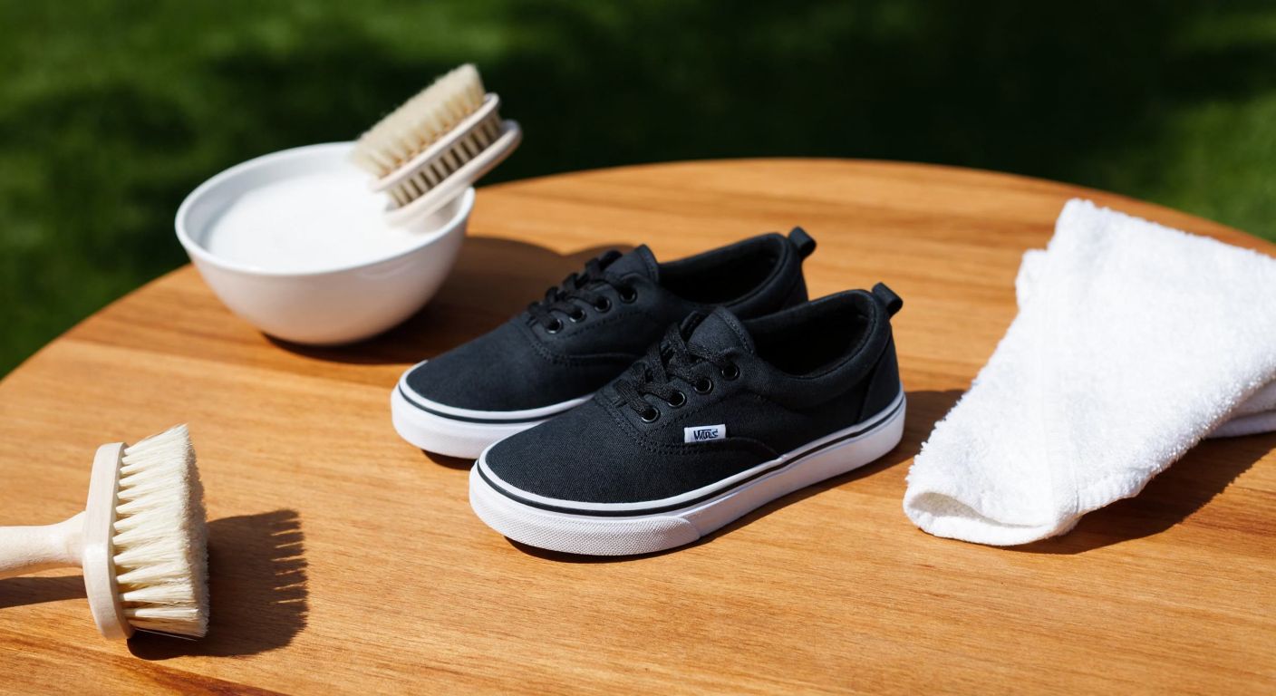 A pair of small black Vans sneakers placed on a wooden table, with a soft-bristled brush, a bowl of soapy water, and a clean cloth beside them, under warm indoor lighting.
