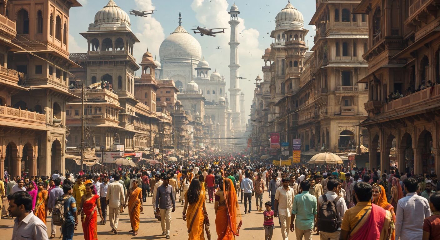 A bustling Indian cityscape in 2100, with crowded streets, futuristic yet culturally rich architecture, and diverse people of all ages, reflecting the projected population growth.