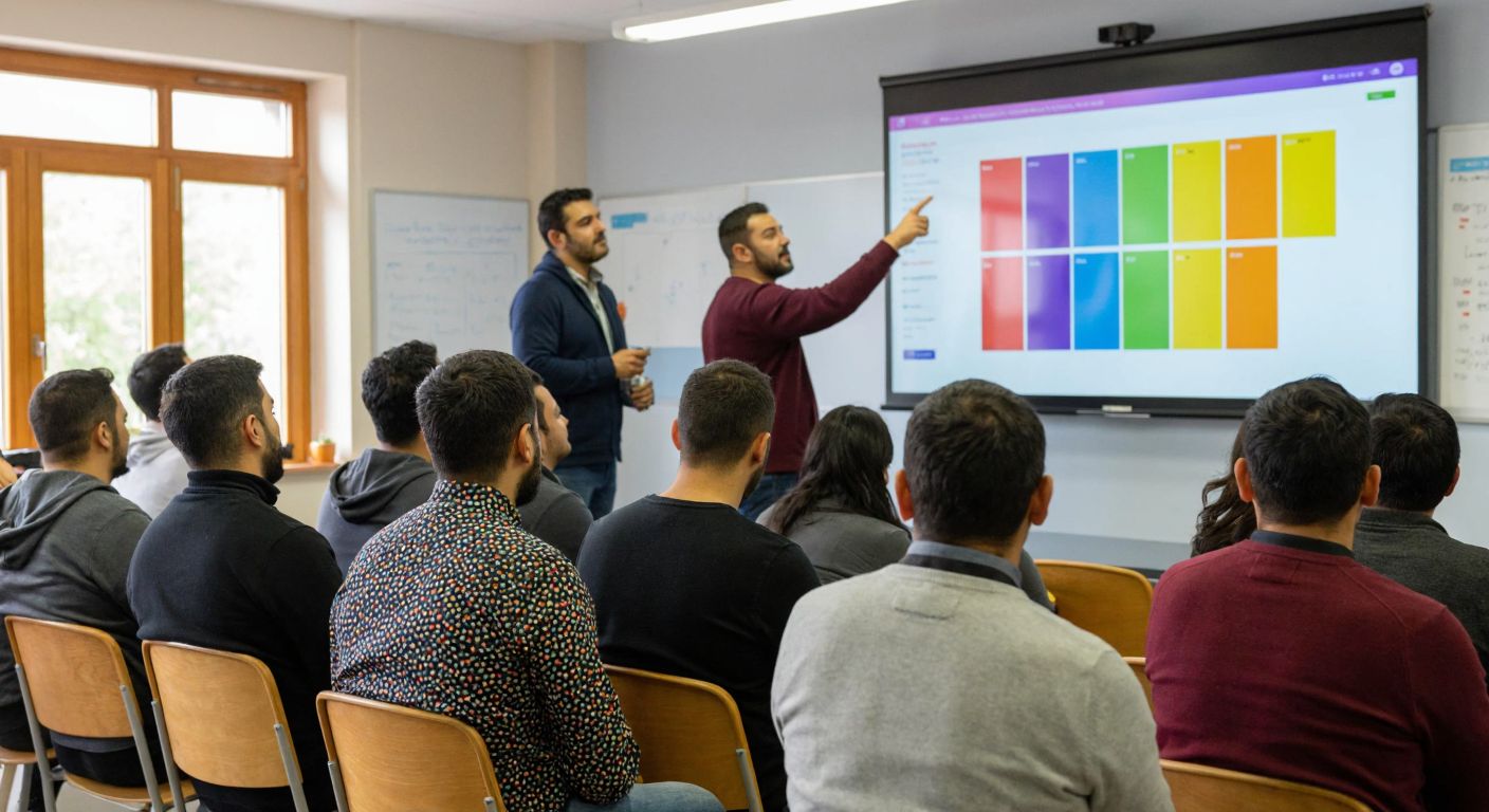 A diverse group of Turkish adults attentively participating in a brightly lit classroom, with an instructor pointing to a digital screen displaying colorful educational charts.