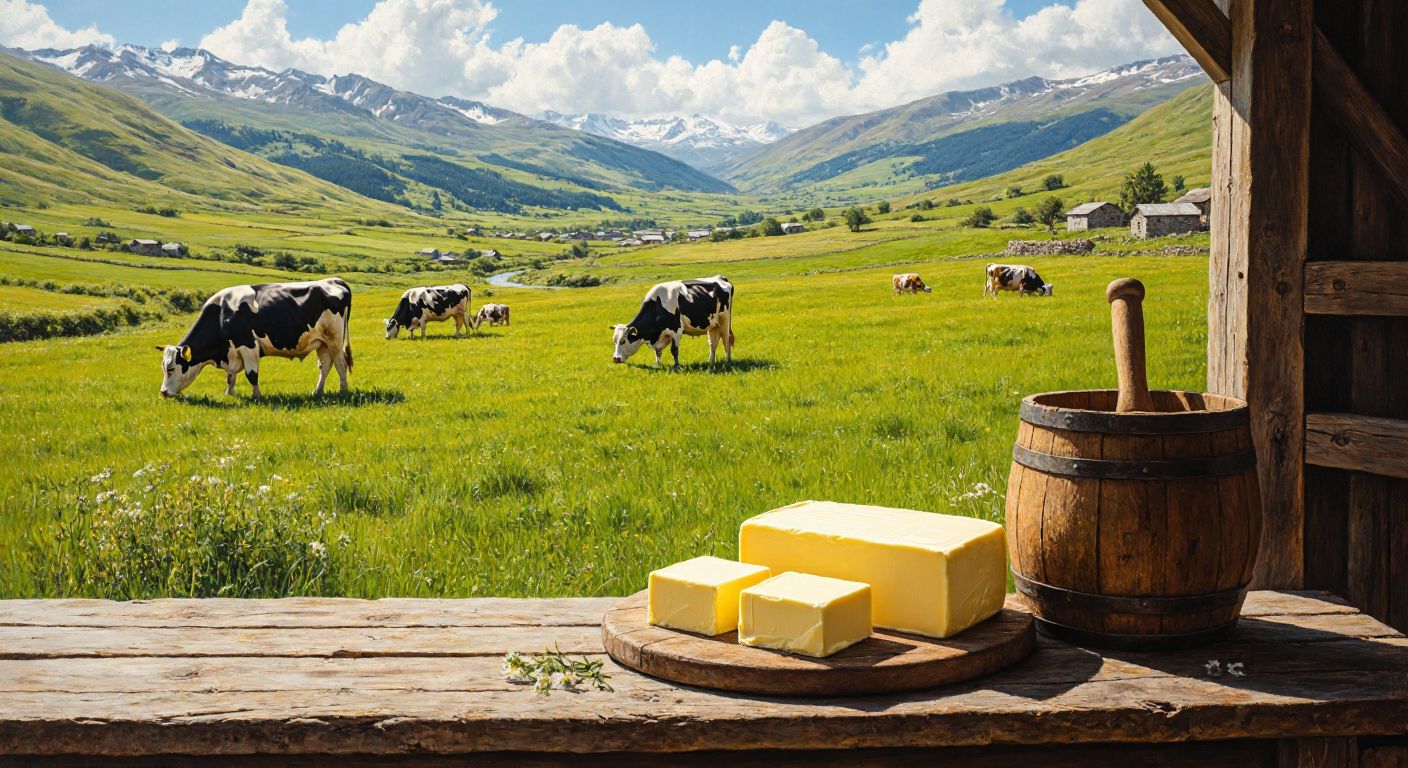 A lush green pasture in Kars with cows grazing peacefully, a wooden churn nearby, and golden blocks of fresh butter resting on a rustic wooden table under the warm sunlight.